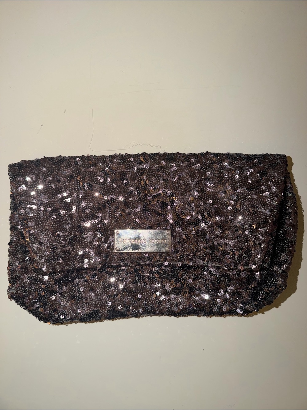 Victoria's Secret Black Sequin Envelope Clutch with Logo Plaque